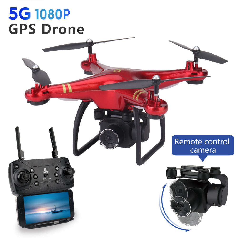 Red quadcopter drone with 5G 1080P camera, GPS return-to-home, and gimbal for aerial photography with remote control transmitter and FPV screen.