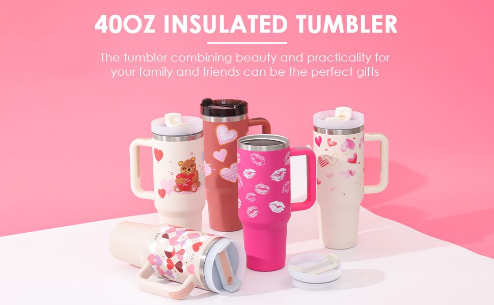 40 Oz Tumbler With Handle Straw Insulated, Stainless Steel Spill Proof Vacuum Coffee Cup Tumbler With Lid Tapered Mug Gifts For Valentine Lover Suitable For Car Gym Office Travel - Jabula & Co