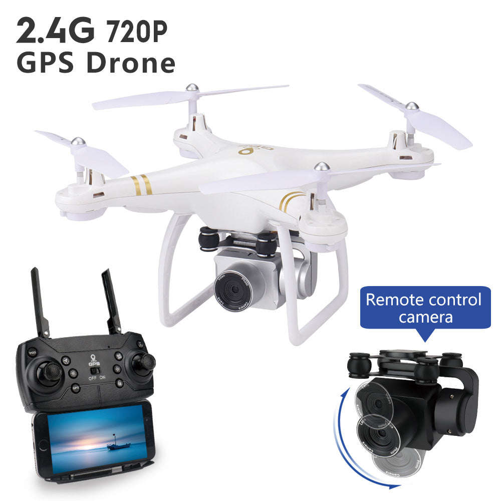 White quadcopter drone with 720P HD camera and dual GPS positioning system, including remote controller and gimbal stabilizer