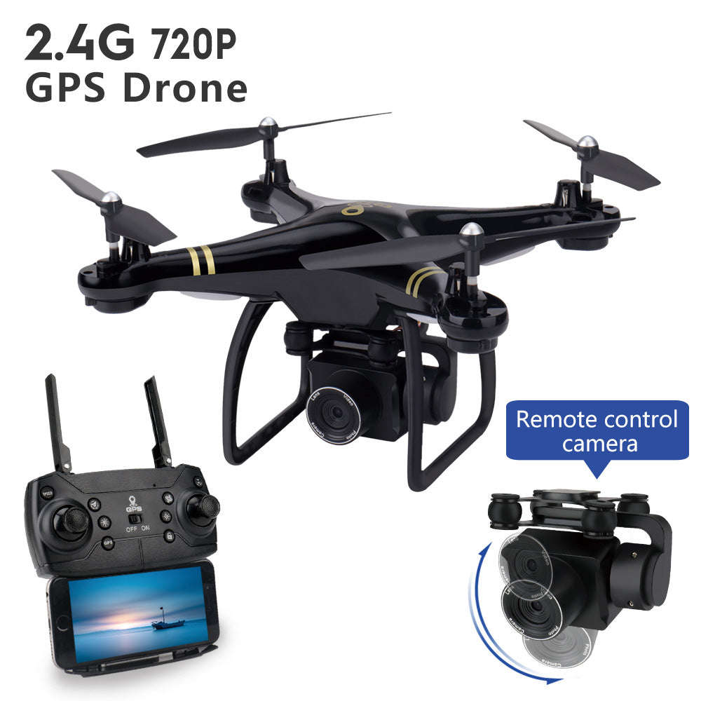 Black 4-axis GPS drone with 720P video camera, remote controller, and adjustable remote control camera view.