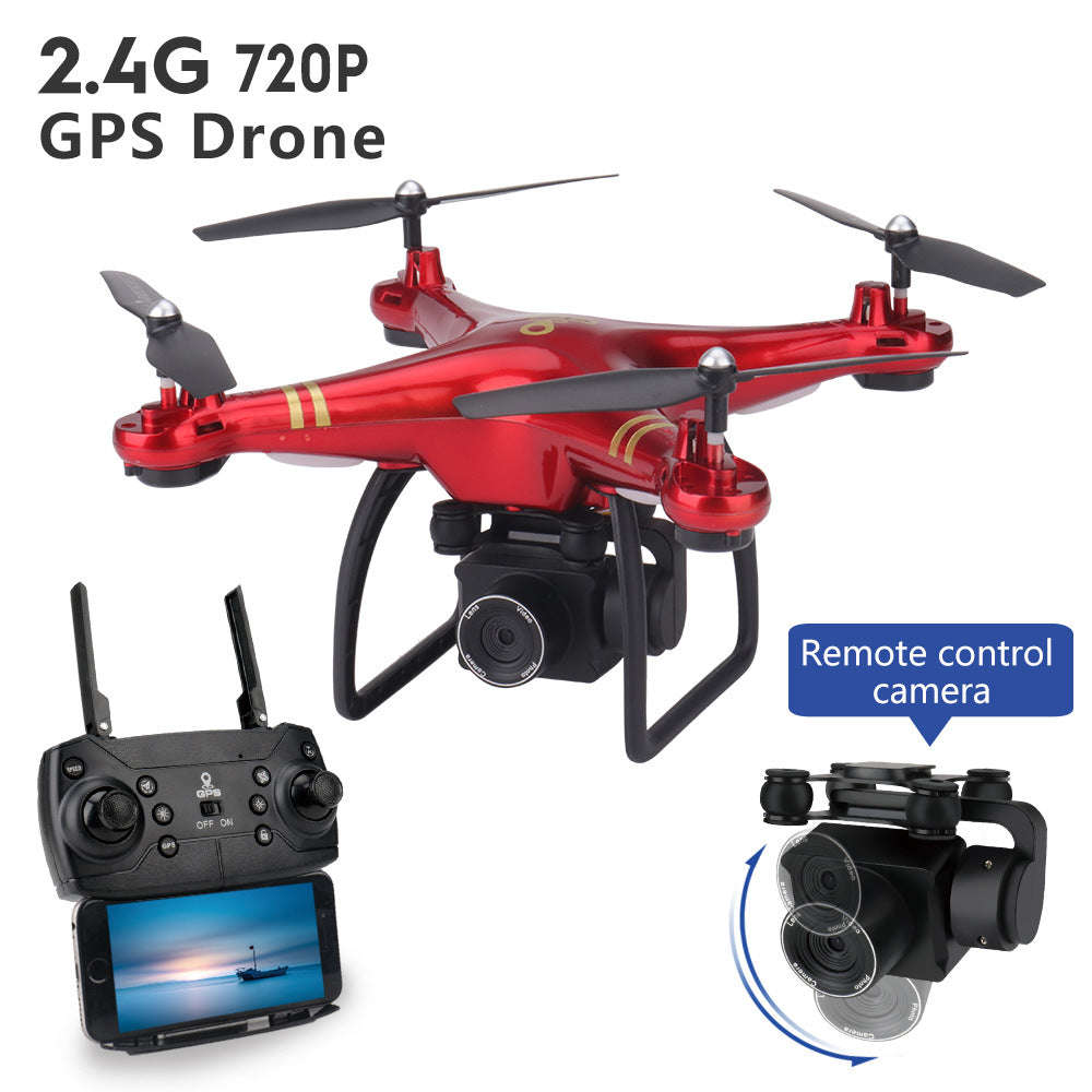 Red quadcopter GPS drone with 720p aerial camera, return-to-home function, and remote control unit for HD video recording.