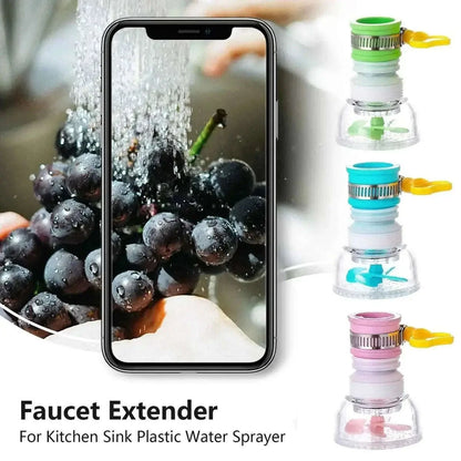 Faucet extender for kitchen sink plastic water sprayer with smartphone displaying grapes being rinsed.