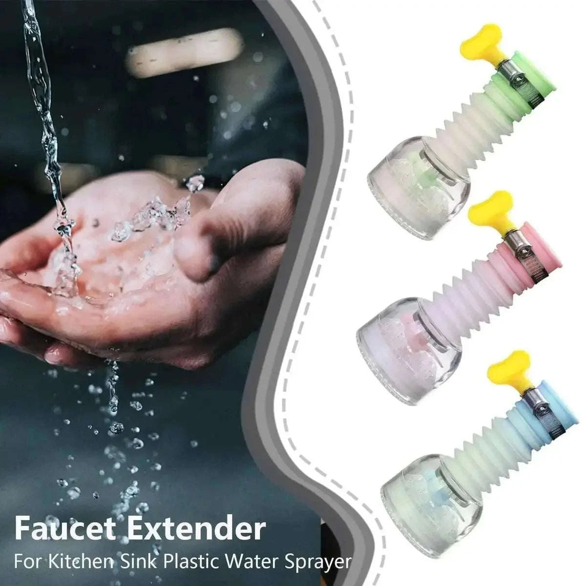 Faucet extender for kitchen sink plastic water sprayer with hands under running water.