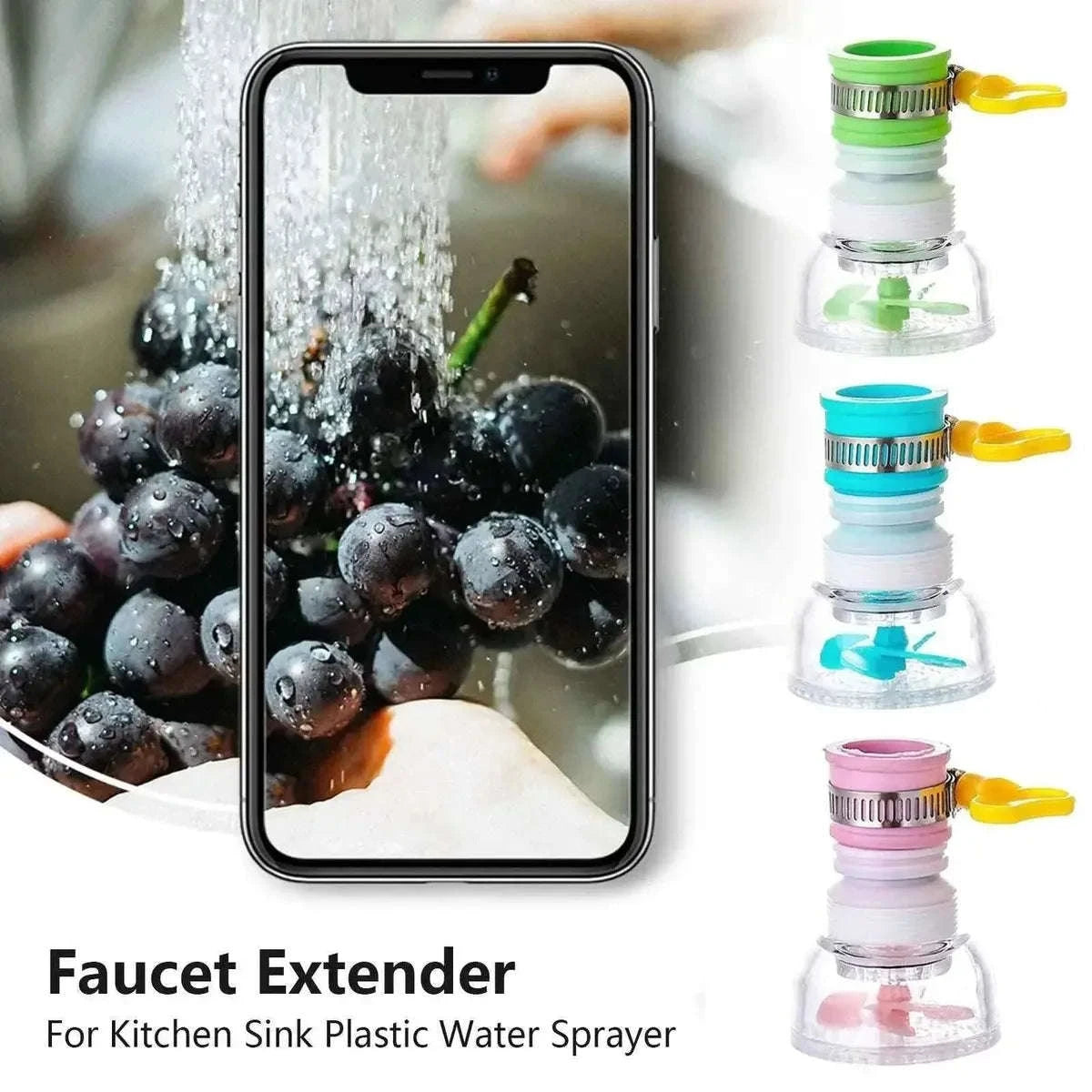 Faucet extender for kitchen sink plastic water sprayer with smartphone displaying grapes being rinsed.
