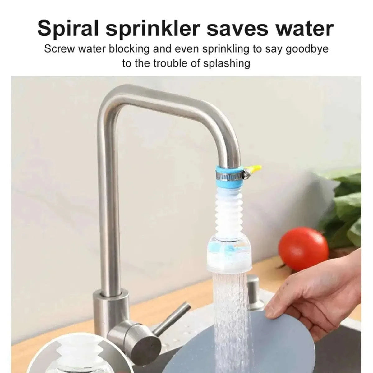 Spiral sprinkler attached to a kitchen faucet with text highlighting its water-saving feature.
