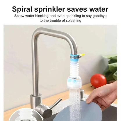 Spiral sprinkler attached to a kitchen faucet with text highlighting its water-saving feature.