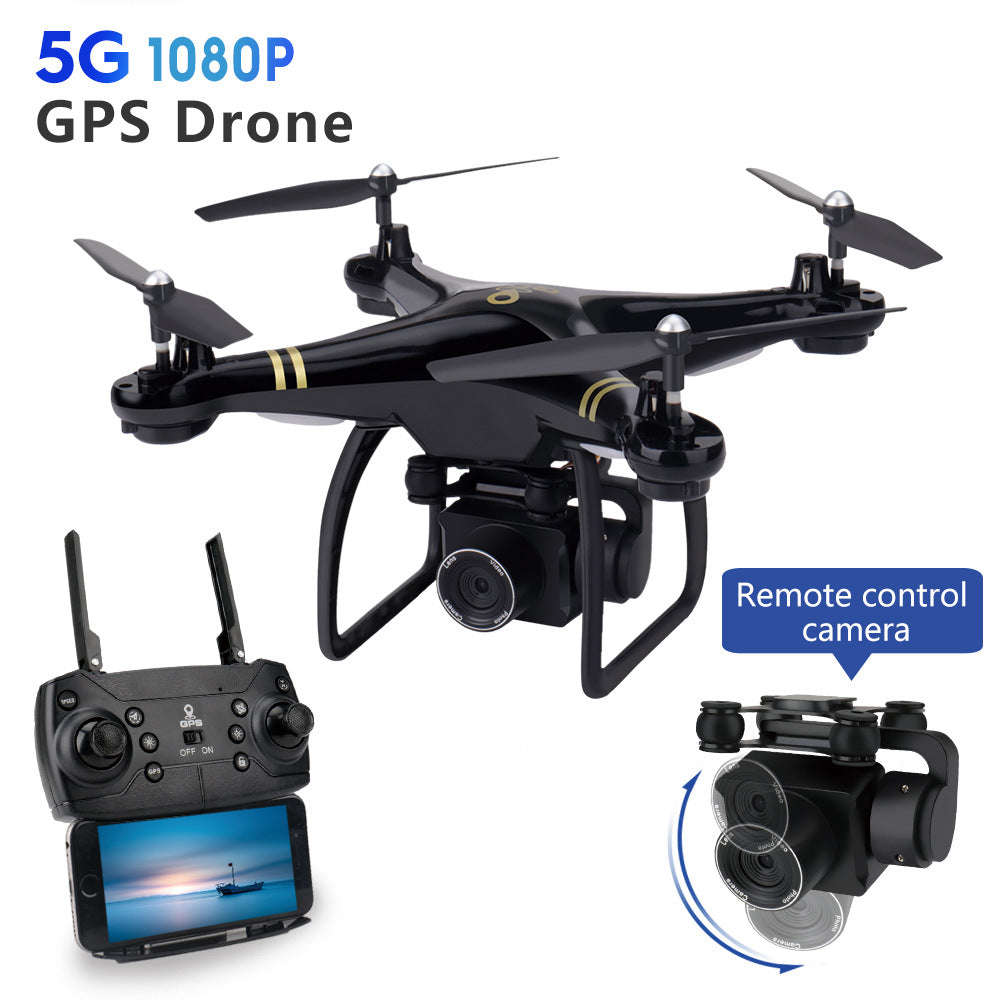 Black quadcopter drone with 5G 1080P camera, GPS return-to-home, and remote controller display for aerial photography.
