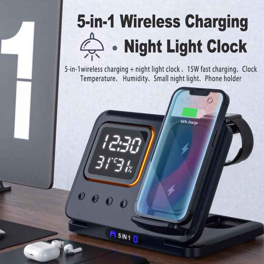 15W Wireless Chargers Stand 5 In1 LED Digital Alarm Clock Fast Charging Dock Station - Jabula & Co