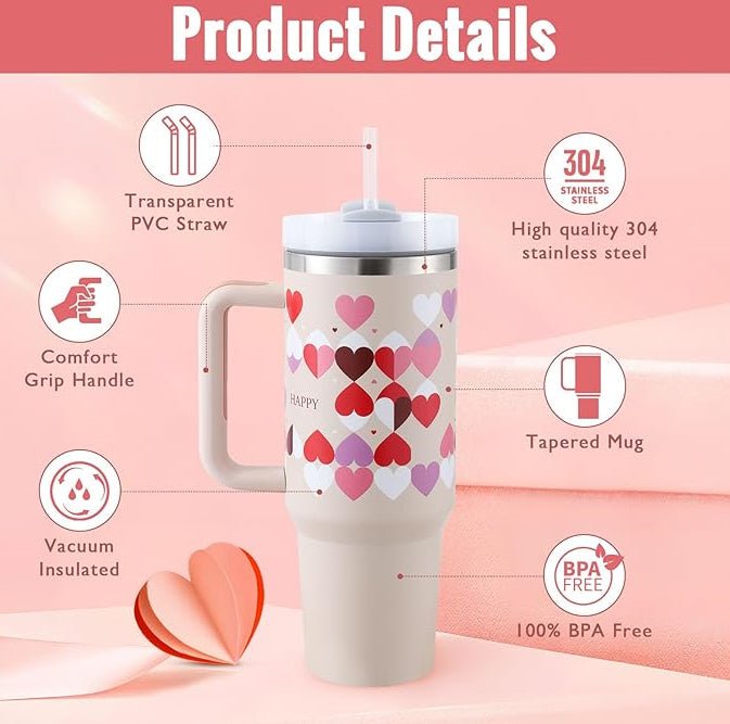 40 Oz Tumbler With Handle Straw Insulated, Stainless Steel Spill Proof Vacuum Coffee Cup Tumbler With Lid Tapered Mug Gifts For Valentine Lover Suitable For Car Gym Office Travel - Jabula & Co
