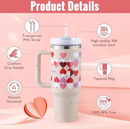 40 Oz Tumbler With Handle Straw Insulated, Stainless Steel Spill Proof Vacuum Coffee Cup Tumbler With Lid Tapered Mug Gifts For Valentine Lover Suitable For Car Gym Office Travel - Jabula & Co