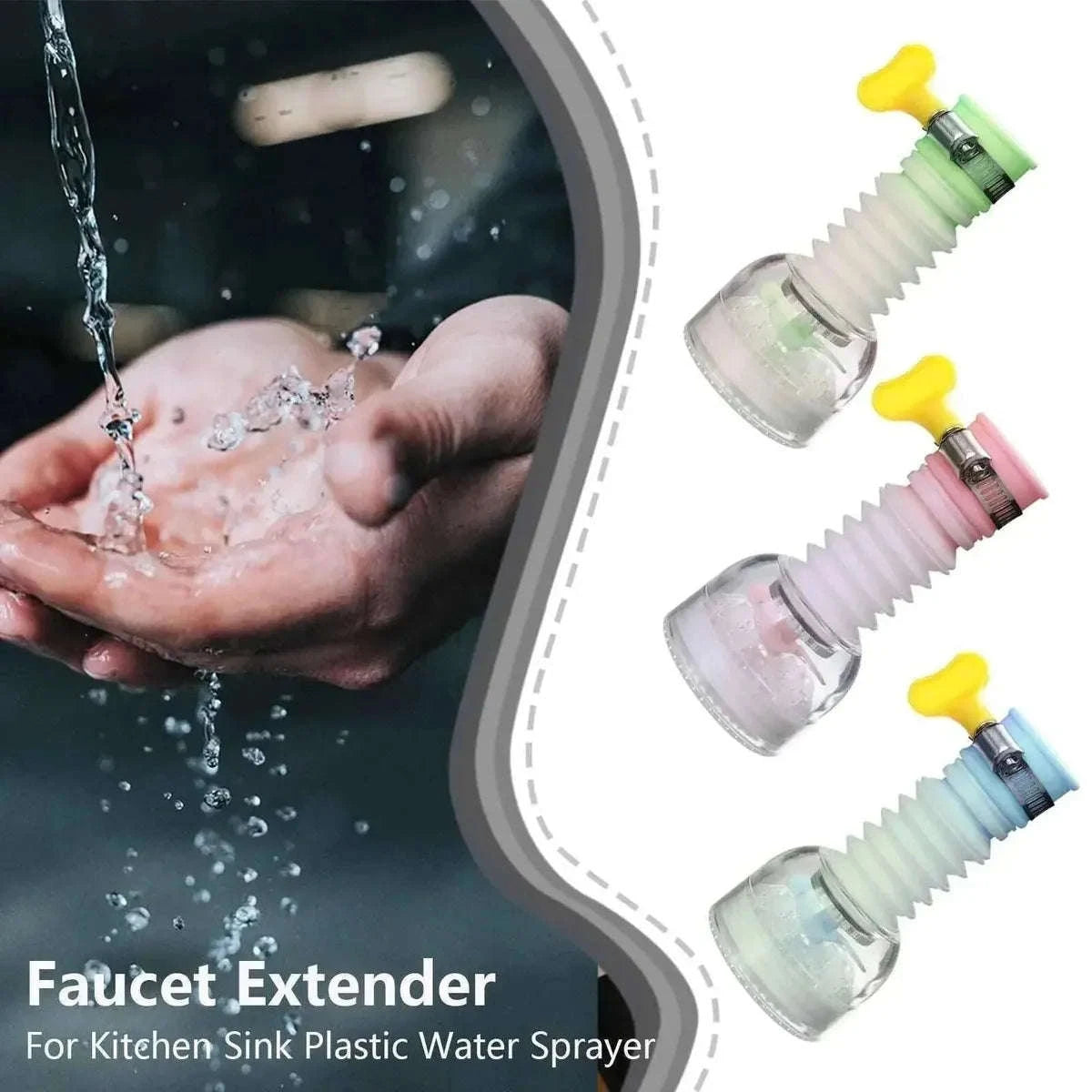 Faucet extender for kitchen sink plastic water sprayer with hands under running water.
