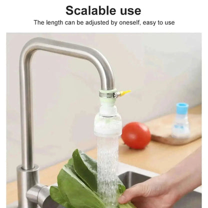 Kitchen faucet attachment with water flowing onto vegetables, placed on a kitchen counter.